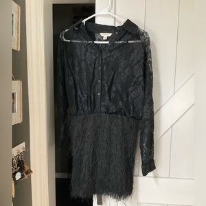Anthropologie Maeve Black Long-Sleeve Sheer Bodice Lace Feather-Trim Mini Dress